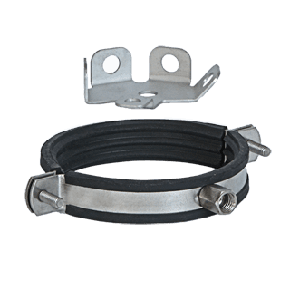 Josam JA-3026 adjustable pipe hanger with rubber-lined stainless steel clamp and mounting bracket for supporting overhead push-fit drainage pipe