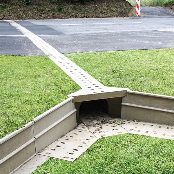 ACO Wildlife amphibian tunnel installed under a roadway with polymer concrete guide walls directing frogs, toads, and small animals to a safe crossing