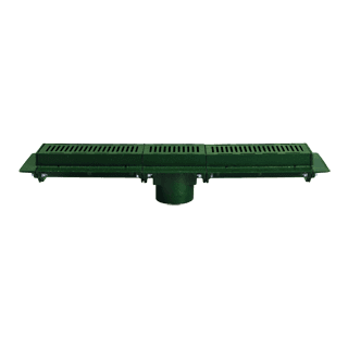 Josam 76000 series cast iron trench drain, 6-inch wide channel sections with heavy-duty cast iron grates and bottom outlet for industrial and vehicular-load floor drainage