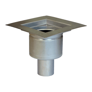 Josam 45430 fabricated stainless steel retrofit drain liner with square flanged top and round outlet, used to give existing floor drains a new stainless waterway