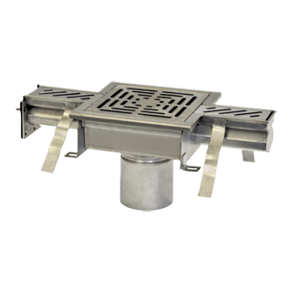 Josam 47300 Series stainless steel mini channel drain with grating and outlet box for low-profile linear floor drainage
