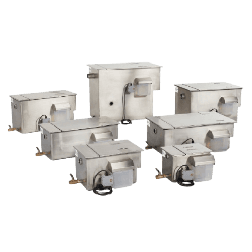 Goslyn automatic grease removal device (AGRD) family — stainless steel grease separators for commercial kitchen FOG management, spanning the GOS20 to GOS320 model range
