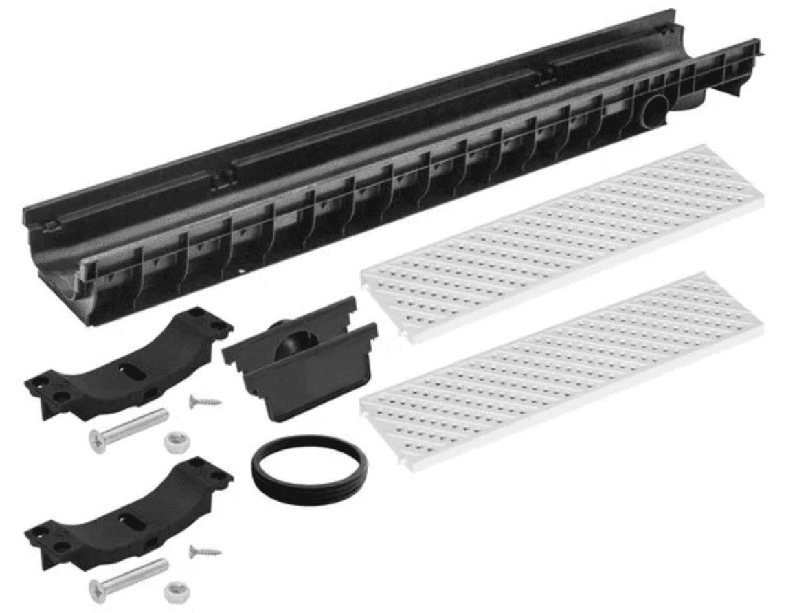 Josam Lite Line TD-130 channel drain kit with channel body, perforated grates, end caps, and outlet accessories